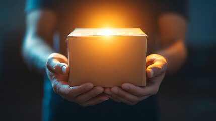 delivery man's hands carefully holding a fragile package, symbolizing trust, care, and responsibility. The hands are gently cradling the box, conveying the importance of safe delivery