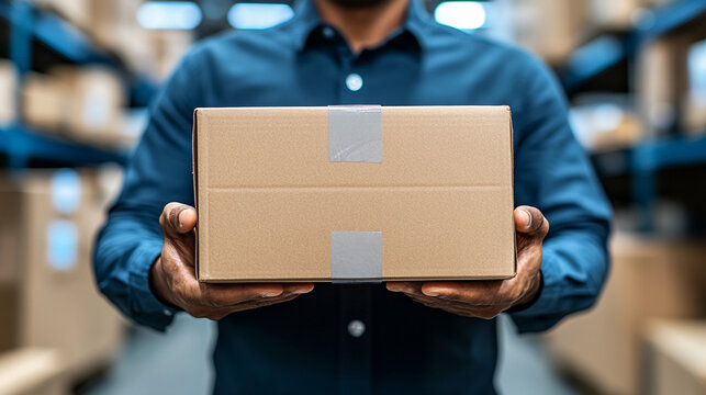 delivery man's hands carefully holding a fragile package, symbolizing trust, care, and responsibility. The hands are gently cradling the box, conveying the importance of safe delivery