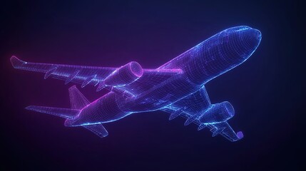 Airplane in Hologram Wireframe Style. Nice 3D rendering 