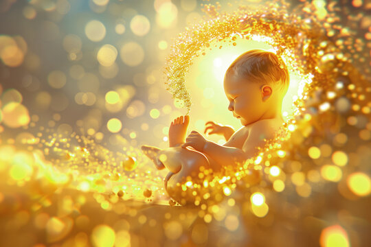 Human baby inside womb. Ethereal concepts of Universe. Spiritual, reborn and natural powers.