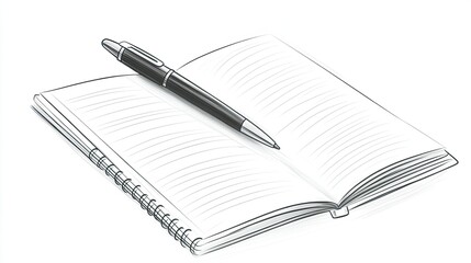 Abstract lines forming the outline of a pen and an open notebook, symbolizing creativity and writing, on a clean white background.
