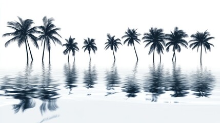 Abstract lines forming the silhouette of coconut trees with their reflections in the sea, set against a clean white background.