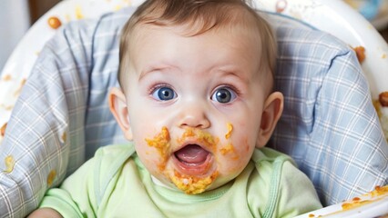 Fototapeta premium A Baby Covered in Food After a Messy Meal