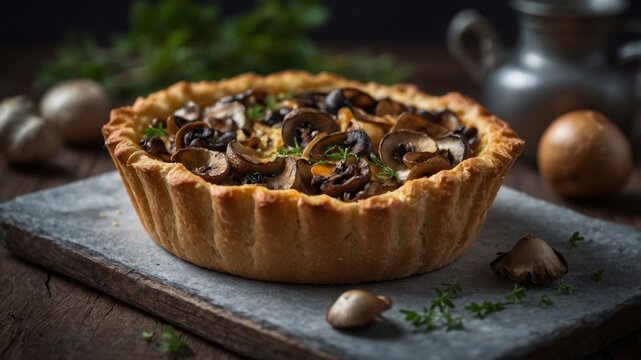 A savory tart is also known as filled with a medley of wild mushrooms complemented by a flaky golden crust.
