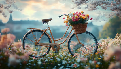 Fototapeta premium the essence of spring with a vintage bicycle adorned with basket with fresh flowers