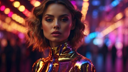 Fototapeta premium HighFashion Photoshoot Brought to Life with Dazzling Multicolored Light Beams and Hitechnology Backdrop.