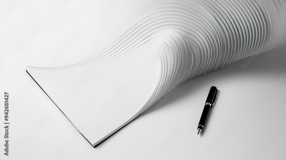 Poster curved lines creating an abstract representation of a notebook and pen, symbolizing inspiration and 