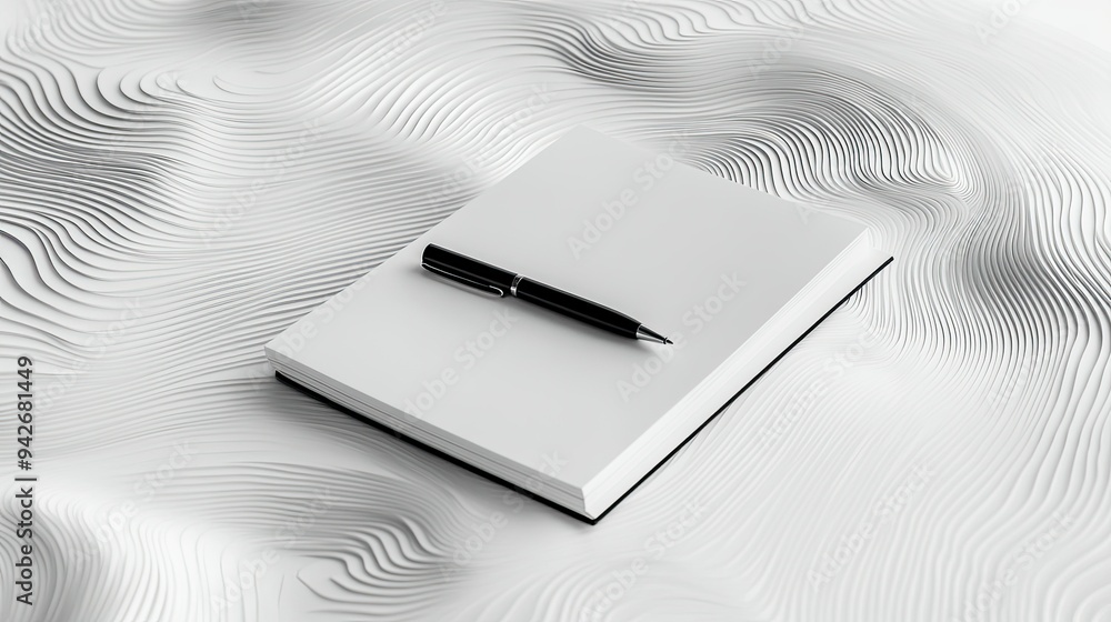 Poster curved lines creating an abstract representation of a notebook and pen, symbolizing inspiration and 