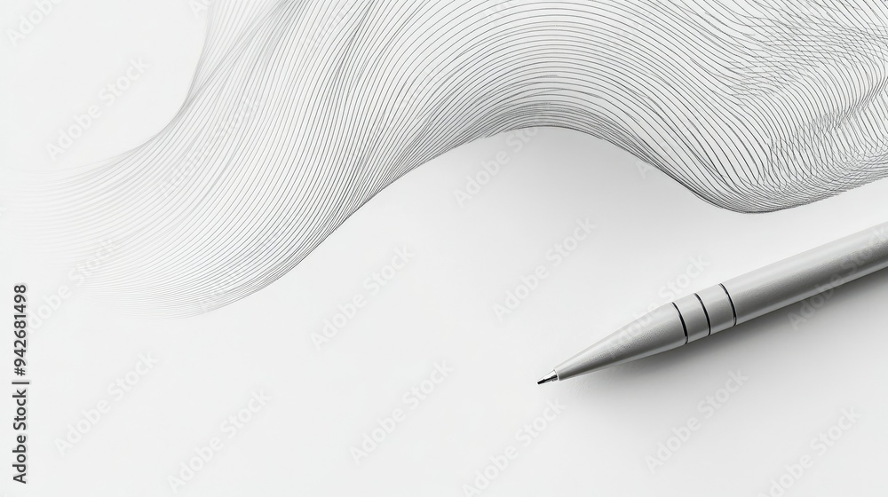 Poster curved lines creating an abstract representation of a notebook and pen, symbolizing inspiration and 