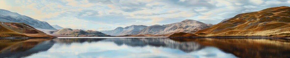 Panoramic view of serene mountain lake nestled among mountains.