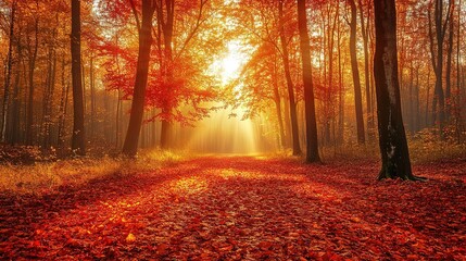 Fototapeta premium Colorful trees and footpath road in autumn landscape in deep forest. The autumn colors in the forest create a magnificent view. autumn view in nature