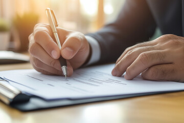  man is writing with a pen on a piece of paper. Concept of formality and professionalism, as the man is dressed in a suit and tie