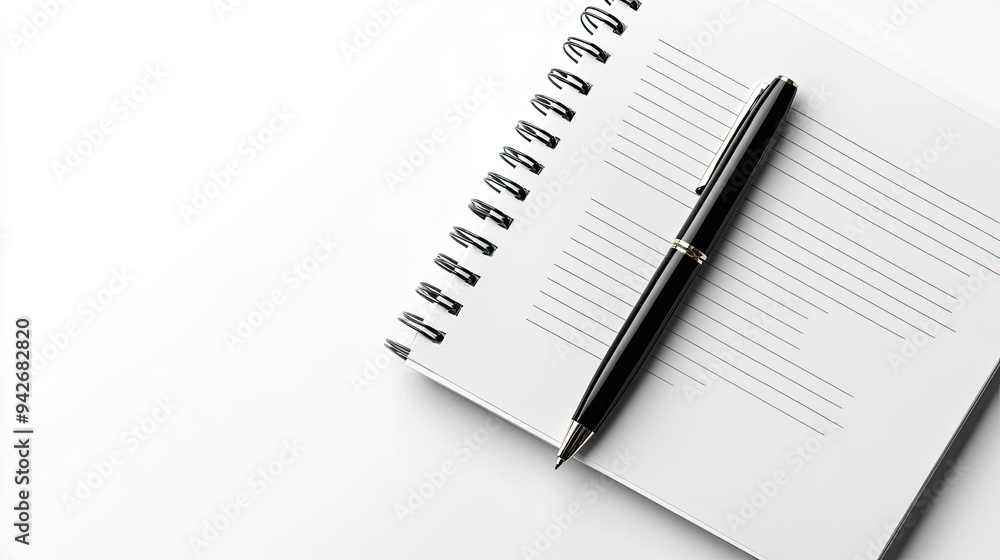 Poster flowing lines creating a minimalist design of a pen next to a notebook, representing writing and ide