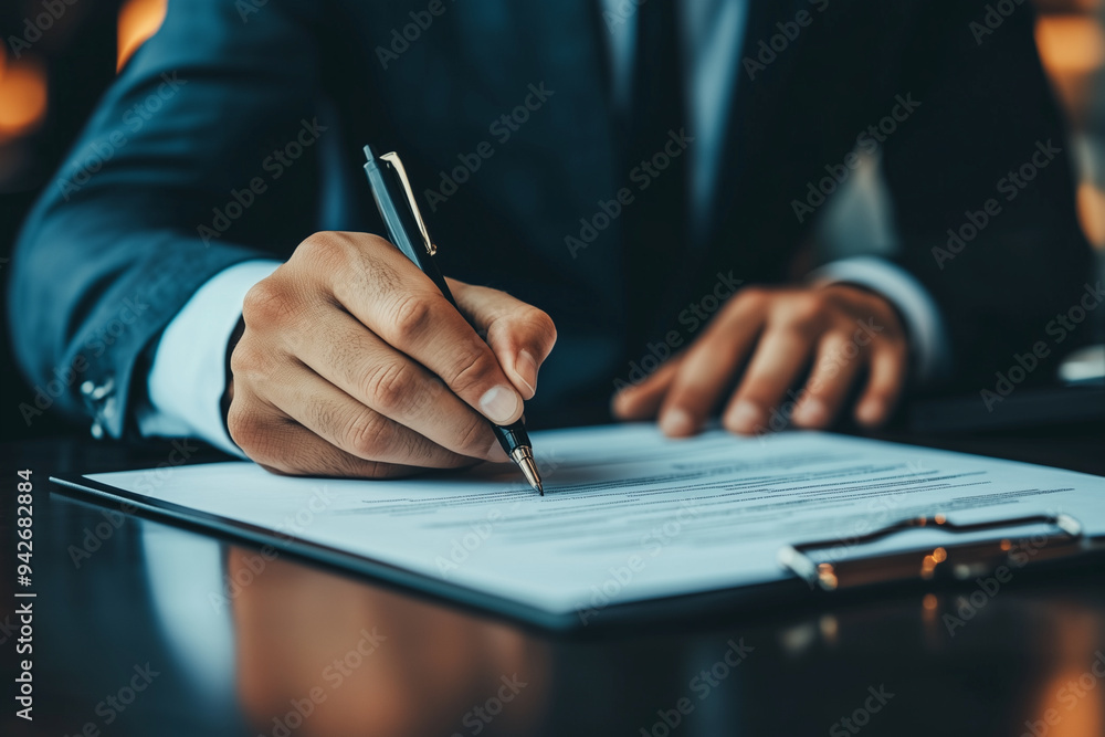 Poster man in a suit is writing on a piece of paper with a pen. concept of professionalism and formality, a