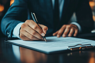 man in a suit is writing on a piece of paper with a pen. Concept of professionalism and formality, as the man is dressed in a suit and writing on a formal document