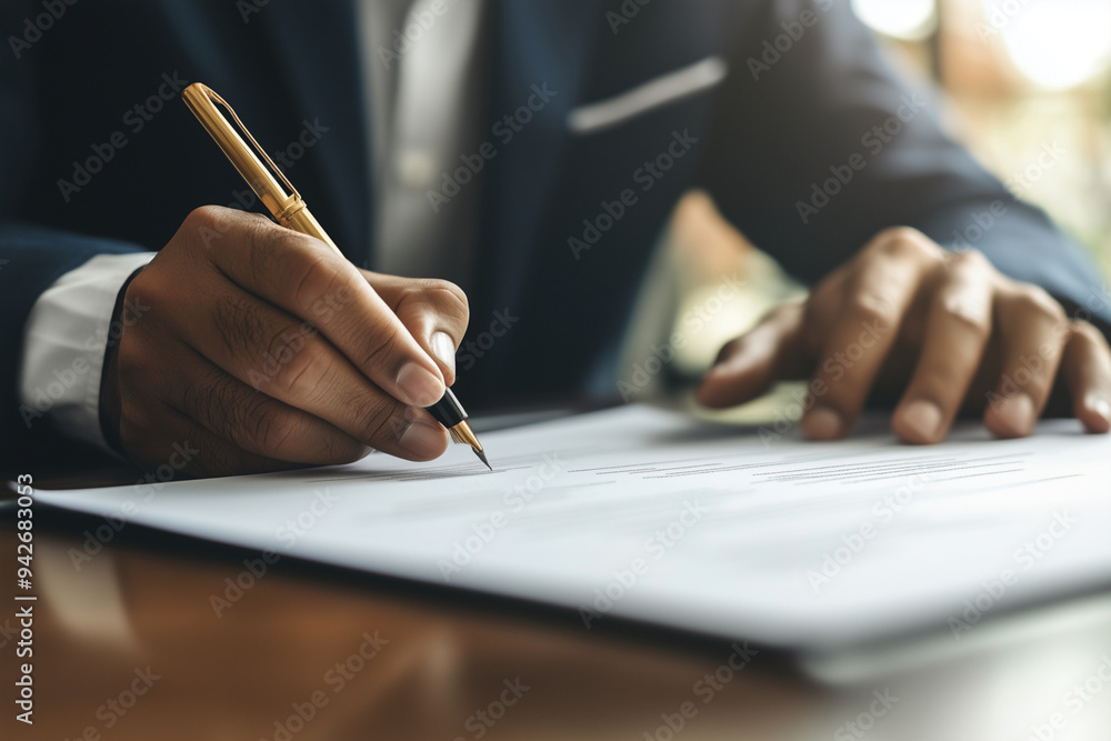 Poster man is writing with a pen on a piece of paper. concept of professionalism and focus, as the man is d