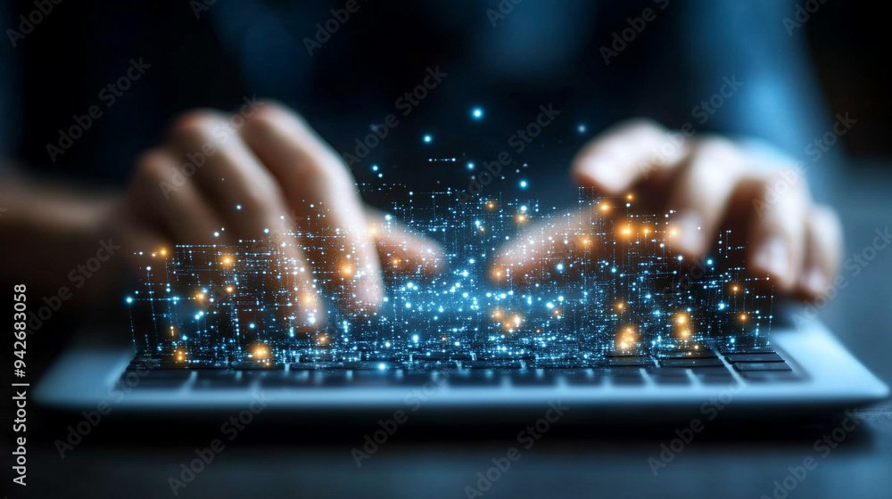Poster futuristic digital landscape showcasing interconnected networks and abstract data streams, symbolizing the complexity and dynamism of internet technology and software development