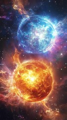 Obraz premium Stunning cosmic imagery featuring vibrant blue and orange suns surrounded by a starry nebula, perfect for space enthusiasts.