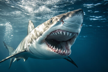 shark is swimming in the ocean with its mouth open. The shark is large and has a menacing look on its face. The water is blue and the sky is not visible