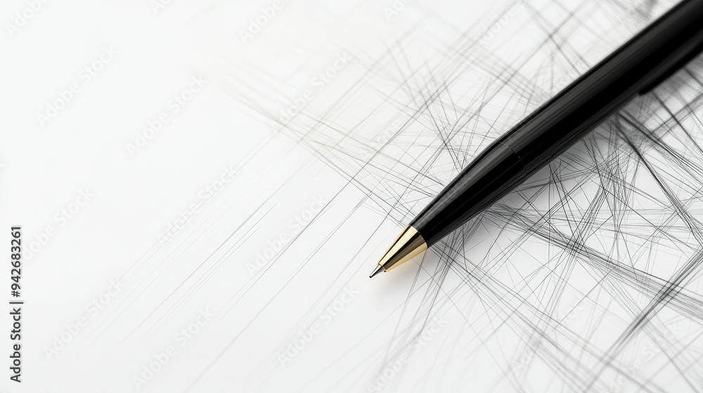 Poster geometric abstract lines depicting a stylized pen and notebook, illustrating the tools of productivi