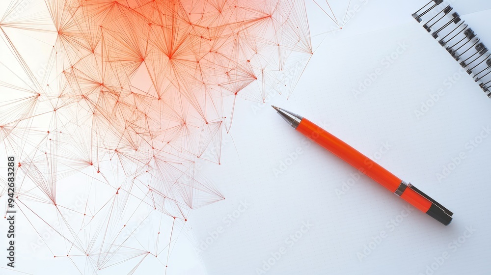 Poster geometric abstract lines depicting a stylized pen and notebook, illustrating the tools of productivi