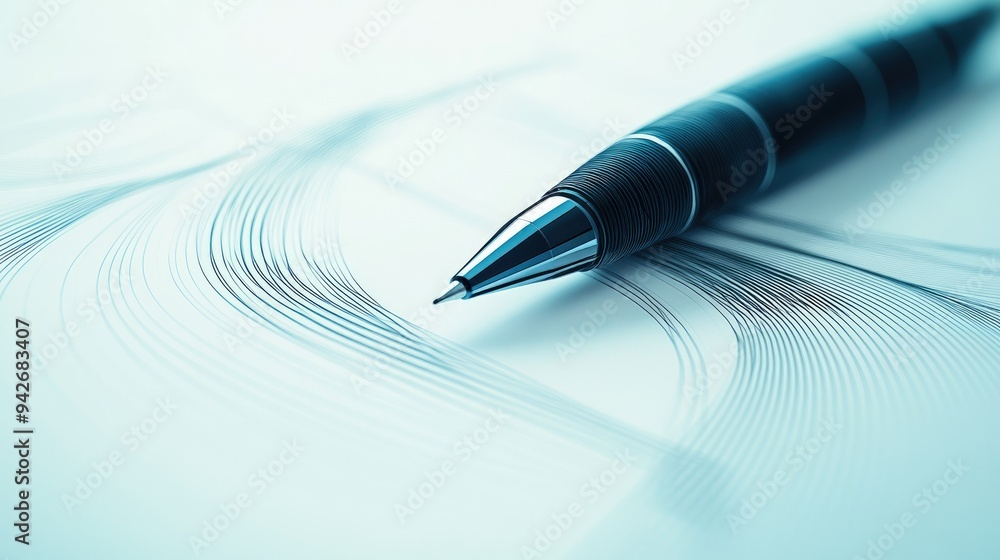 Poster geometric abstract lines depicting a stylized pen and notebook, illustrating the tools of productivi