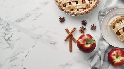 Bird's-eye view of apple pie with latticework crust on white marble kitchen counter, apples and cinnamon nearby