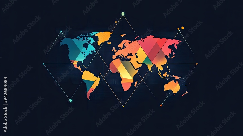 Poster geometric shapes arranged to form a simplified world map symbol, emphasizing clean lines and minimal