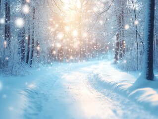 A pristine snow-covered path winds through a tranquil forest, with delicate snowflakes gently dusting the serene landscape.