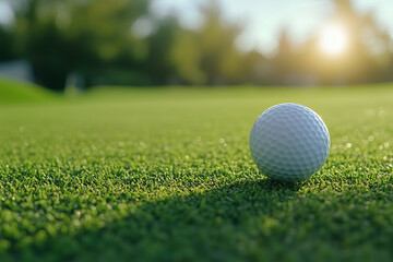 Obraz premium white golf ball is sitting on a green grass field. The ball is the only object in the image, and it is the main focus of the scene. Concept of calmness and tranquility