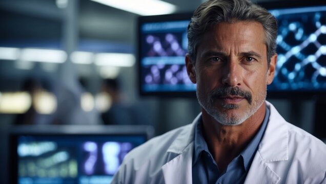 Medical dna research lab scientist with advanced technology for health analysis and gene study.