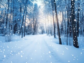 Naklejka premium A pristine snow-covered path winds through a tranquil forest, with delicate snowflakes gently dusting the serene landscape.