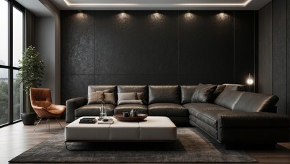 Modern Living Room with Black Leather Sectional Sofa and White Ottoman