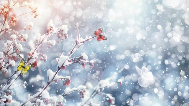 winter panorama with snow covered branches pf plants seamless looping overlay 4k virtual video animation background