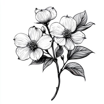 recommend clip art: Black and white Vintage engraved art of a dogwood tree branch, isolated on white background, ink sketch illustration, simple vector art design, highly detailed line art, high contrasty