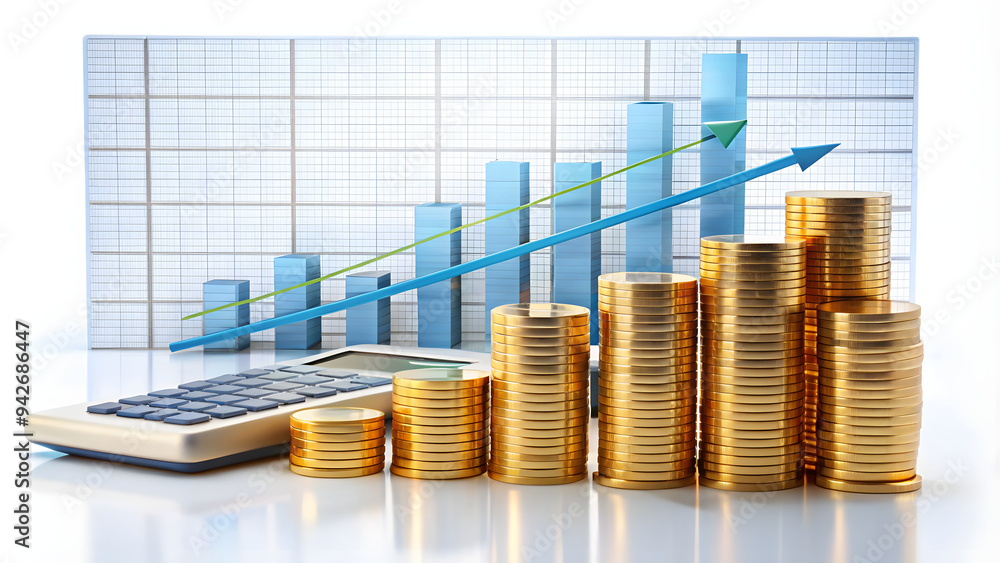 Poster a stack of golden coins with a calculator, set against a background of a blue bar graph with ascendi