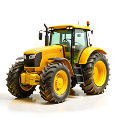 A close-up of a yellow tractor with large, black tires, set against a white background, emphasizing its sleek and modern agricultural engineering