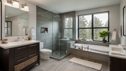Modern Bathroom with Shower, Bathtub, and Window Views