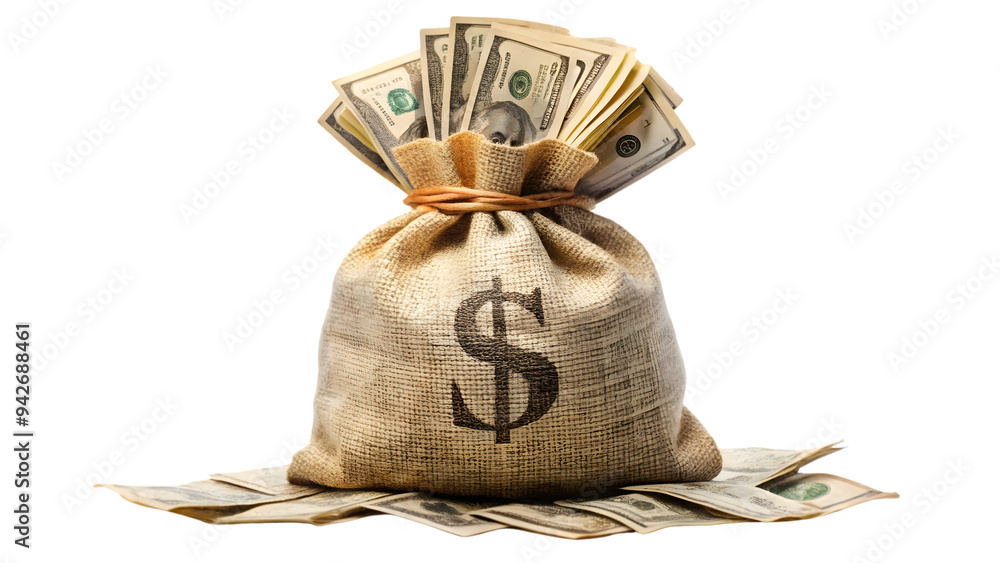 Poster a burlap sack with a dollar symbol, overflowing with neatly stacked u.s. dollar bills, representing 
