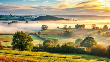 Rolling Hills and Foggy Fields at Sunrise