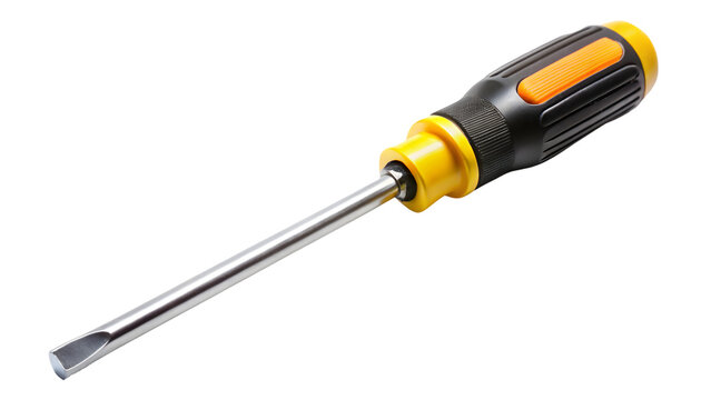 A flat-head screwdriver, featuring a black and yellow handle with a textured grip, ideal for detailed work and easy handling, on a transparent background