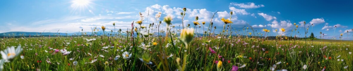 Obraz premium Spring Meadow in Full Bloom, Wide-Angle View, Seasonal Flourish