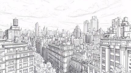 Monotone architect line sketch of an urban cityscape, featuring high-rise buildings, intricate facades, and a blend of classic and modern architectural elements.