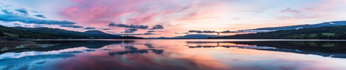 Fototapeta premium Panoramic sunset reflection on tranquil lake waters.