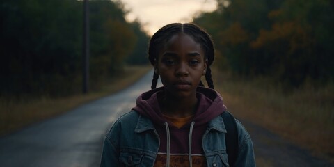 mysterious african american teen girl walking down a dark road.