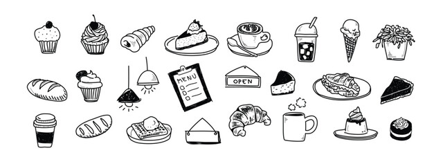 Naklejka premium Bakery in Hand-drawn style set , Drawing of cafe elements for design menu label packaging . icons vector illustration