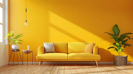 A bright yellow couch sits in a living room with a yellow wall and hardwood floors.  There are two plants and a side table to the left of the couch.