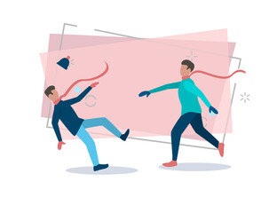 Young people playing snowballs vector illustration. Winter vacation, leisure, snow fighting. Winter activity concept. Can be used for topics like winter, season, holiday