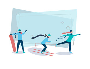 Obraz premium Young people doing sports vector illustration. Women skiing, skating and snowboarding. Winter activity concept. Can be used for topics like winter, sport, hobby