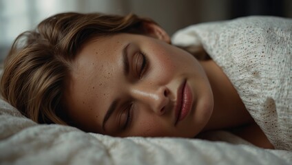 Pretty woman sleeping well, sweet dreams of beautiful young woman in the early morning, good night sleep, organic cotton linen bedding, copy space.